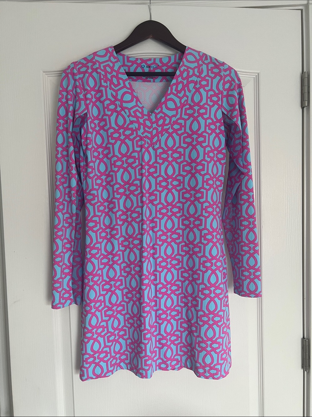 Ibkul Printed V-Neck Partial Mesh Long Sleeve Midi Dress Pink Blue Geometric S